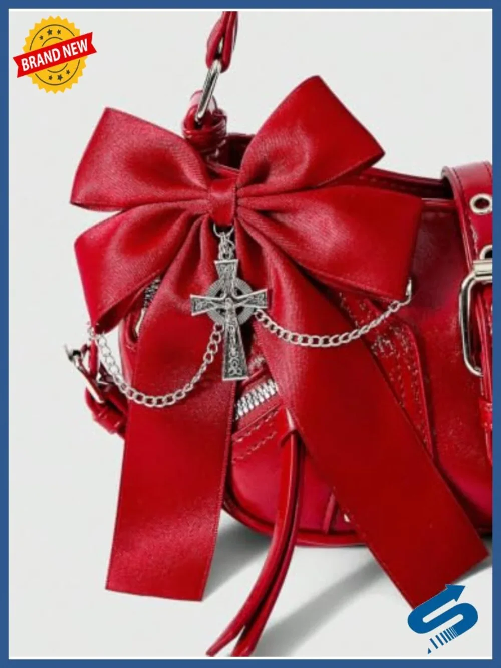 Gothic Y2K Faux Leather Shoulder Bag with Bow Skull Charm Adjustable Strap